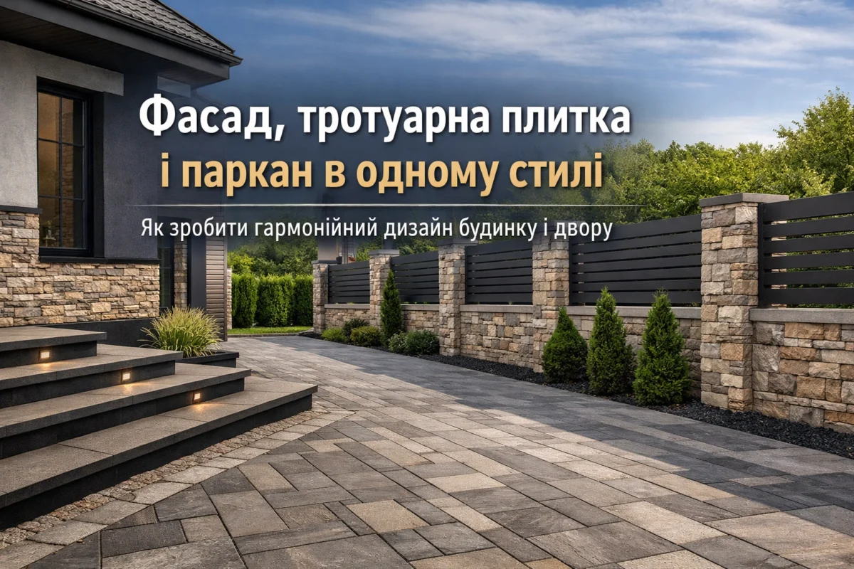 Фасад будинку і тротуарна плитка в одному стилі дизайн двору фасадна плитка і паркан