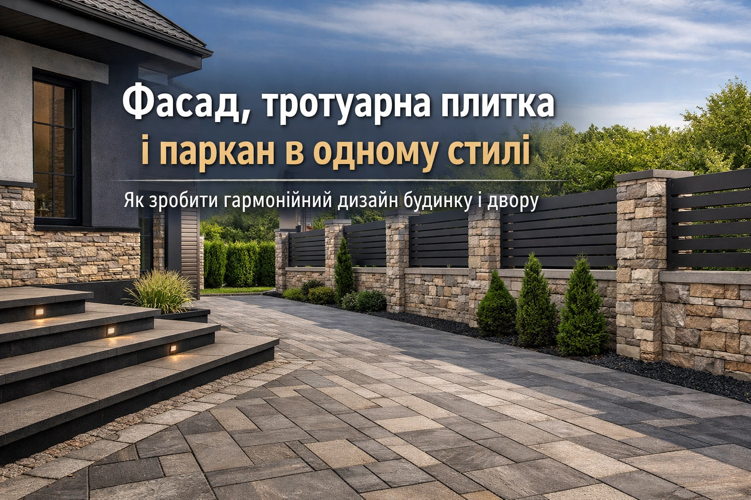Фасад будинку і тротуарна плитка в одному стилі дизайн двору фасадна плитка і паркан