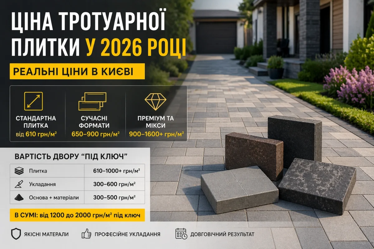 ціна тротуарної плитки київ 2026 приклад укладки сучасного двору фото